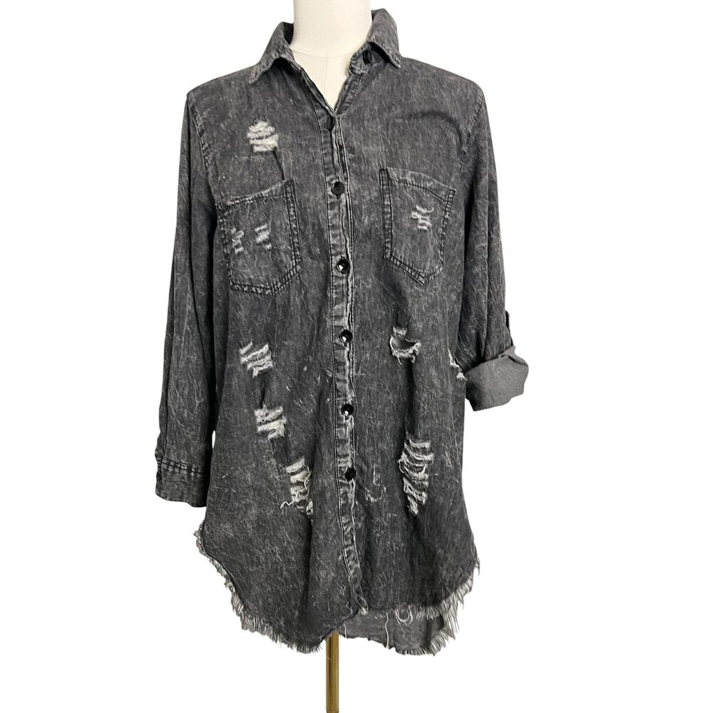 Thrill Jeans Shirt Dress Womens Large Gray Distressed Blessed Grateful Thankful - Picture 2 of 9
